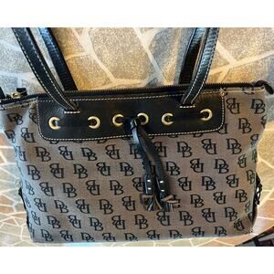 Vintage Dooney & Bourke Womens Brown Shoulder Handbag Logo Print Canvas Tassel